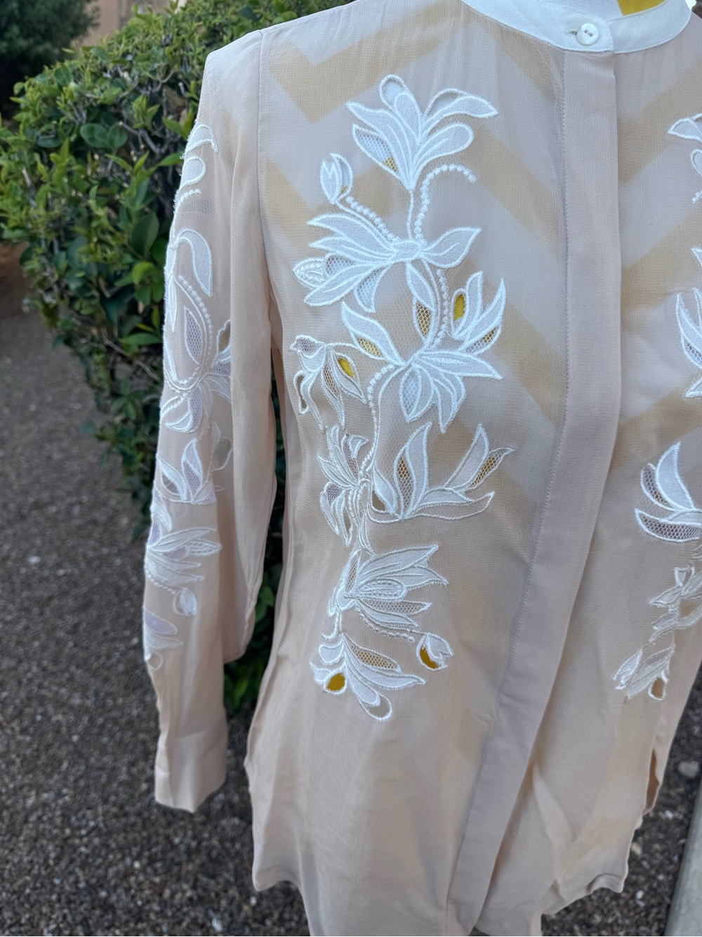 Reiss Sheer Embroidered Floral Button-Up Blouse in Beige - Picture 3 of 15